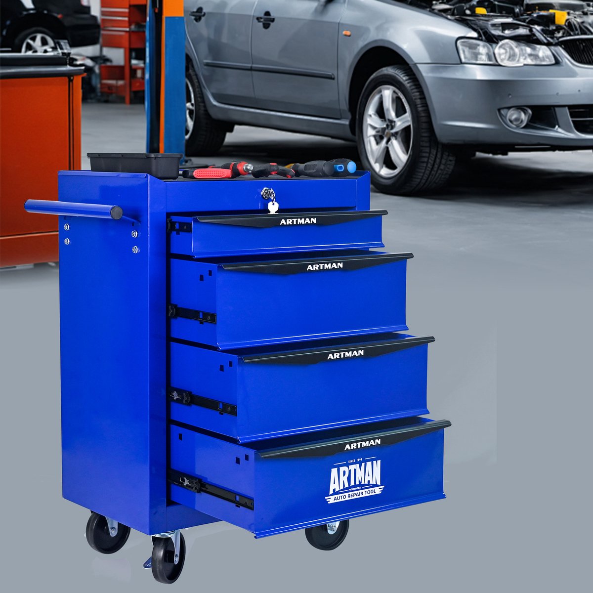 Gereedschapskast Op Wielen - 4 Lades Met Kogelgelagerde Geleiders En Slot - Voor Werkplaats En Garage - Staal - Zwart Blauw - 52,5x33x77,5 Cm