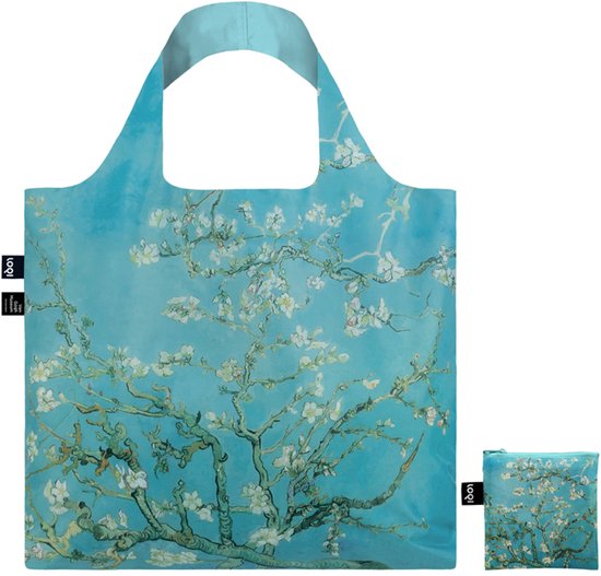 Een tas met Van Goghs Amandelbloesem-print, samen met een opgevouwen versie van de tas.