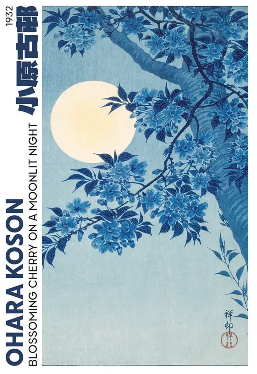 Yourwallarts.com - Wandpaneel - Canvas - Ohara Koson Bloesems Volle Maan Nacht Japanse Kunst Schilder