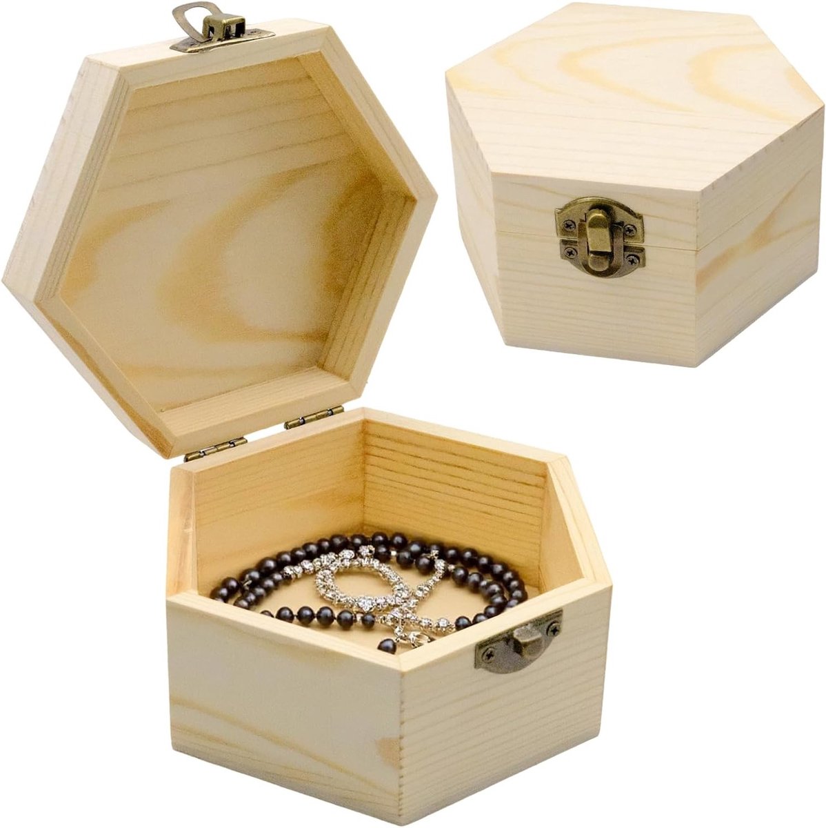 Set van 2 Houten Dozen, Hexagonale Onbehandelde Sieradenbox, DIY Opbergdoos voor Decoratie, Ambachten en Trouwen - 13 x 7 x 6,3 cm