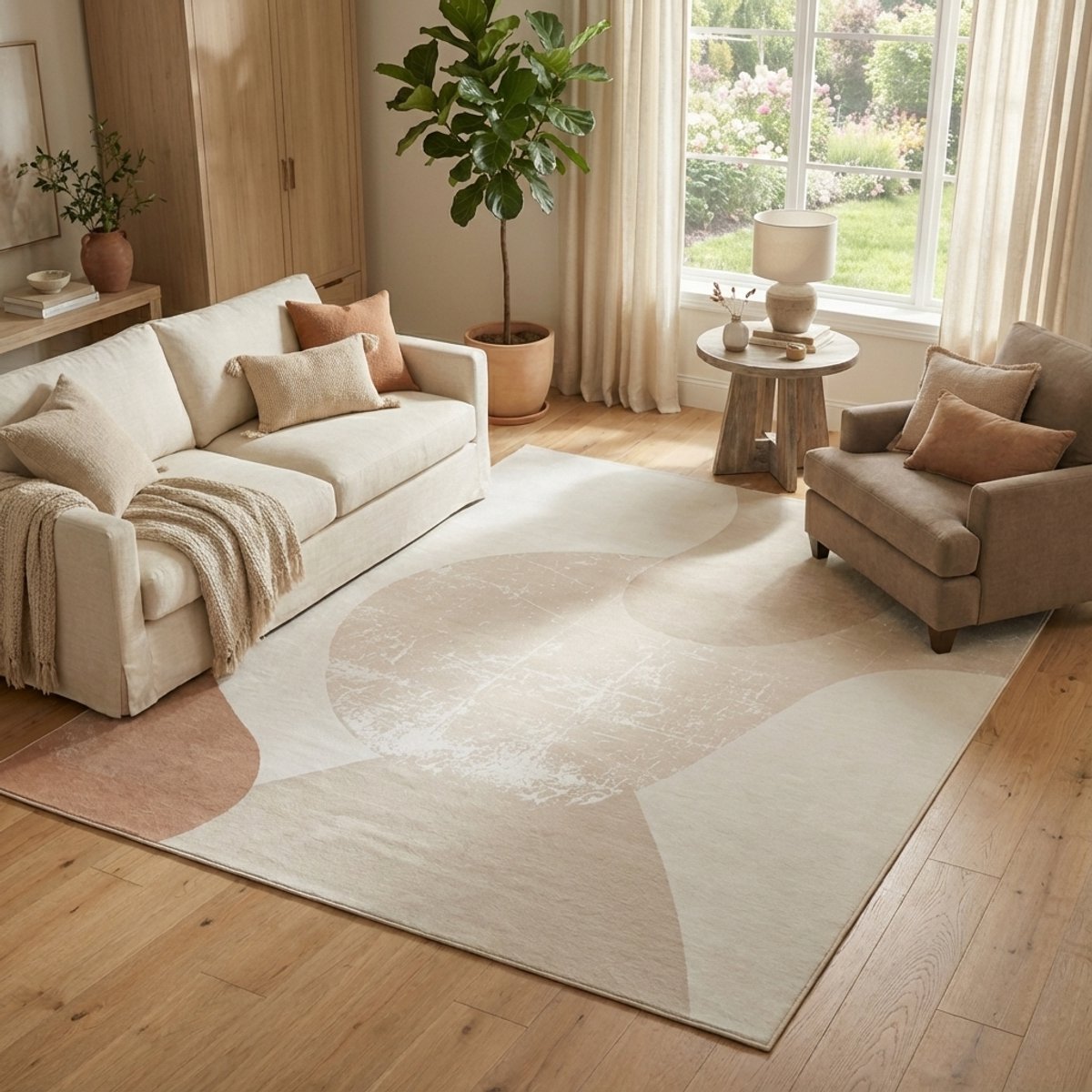 Tapiso Wisp Vloerkleed Laagpolig – Beige Crème Tapijt – Abstract Organisch Patroon – Woonk