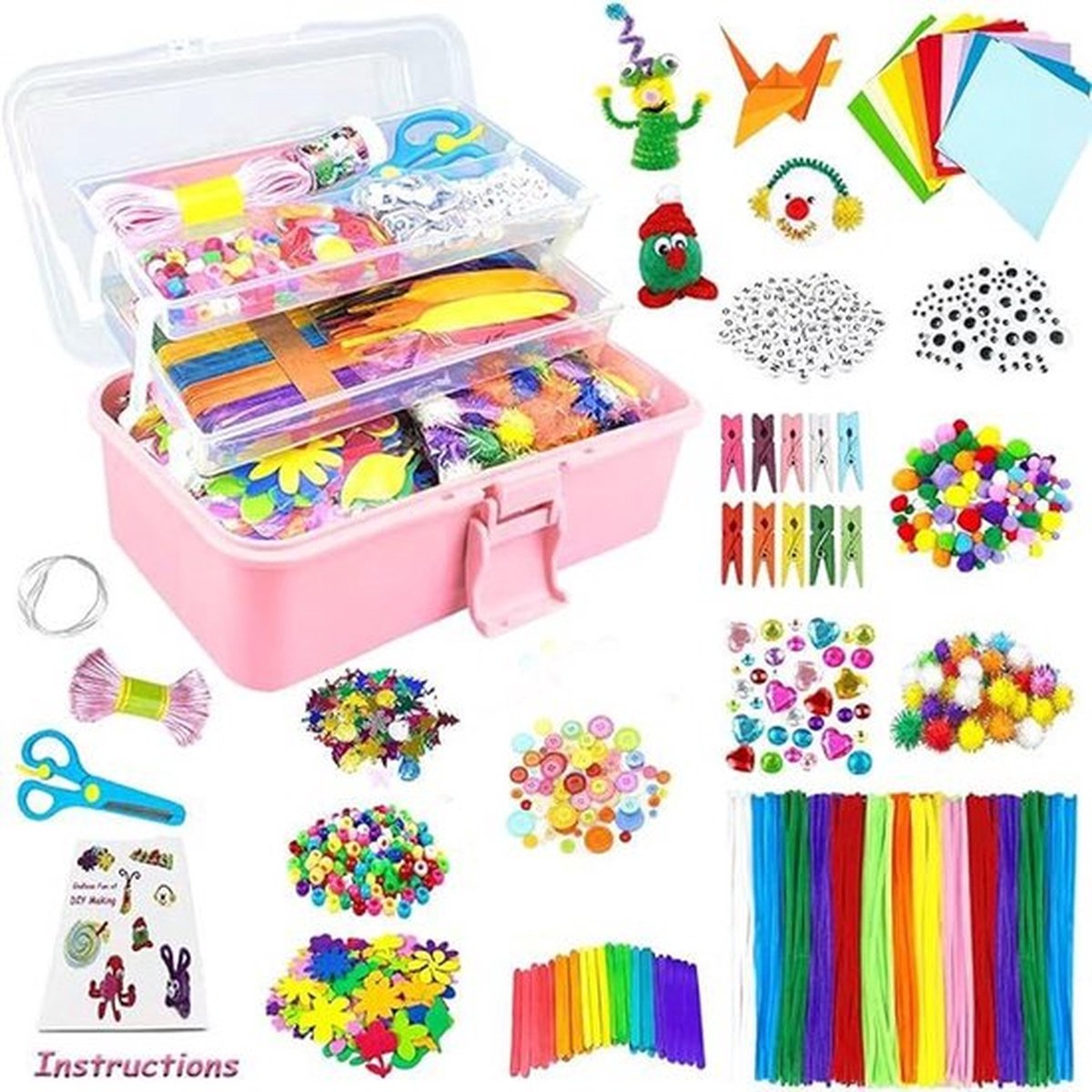 Knutselmateriaalset voor kinderen - Knutselkoffer met pompons, pijpenragers, scrapbookbenodigdheden Knutselmateriaal voor kinderen van 4 tot 10 jaar Cadeau voor jongens en meisjes - Roze