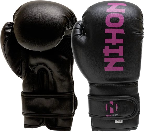 Zwarte Nihon bokshandschoenen met roze 'NIHON' opdruk. 2-OZ maatlabel.