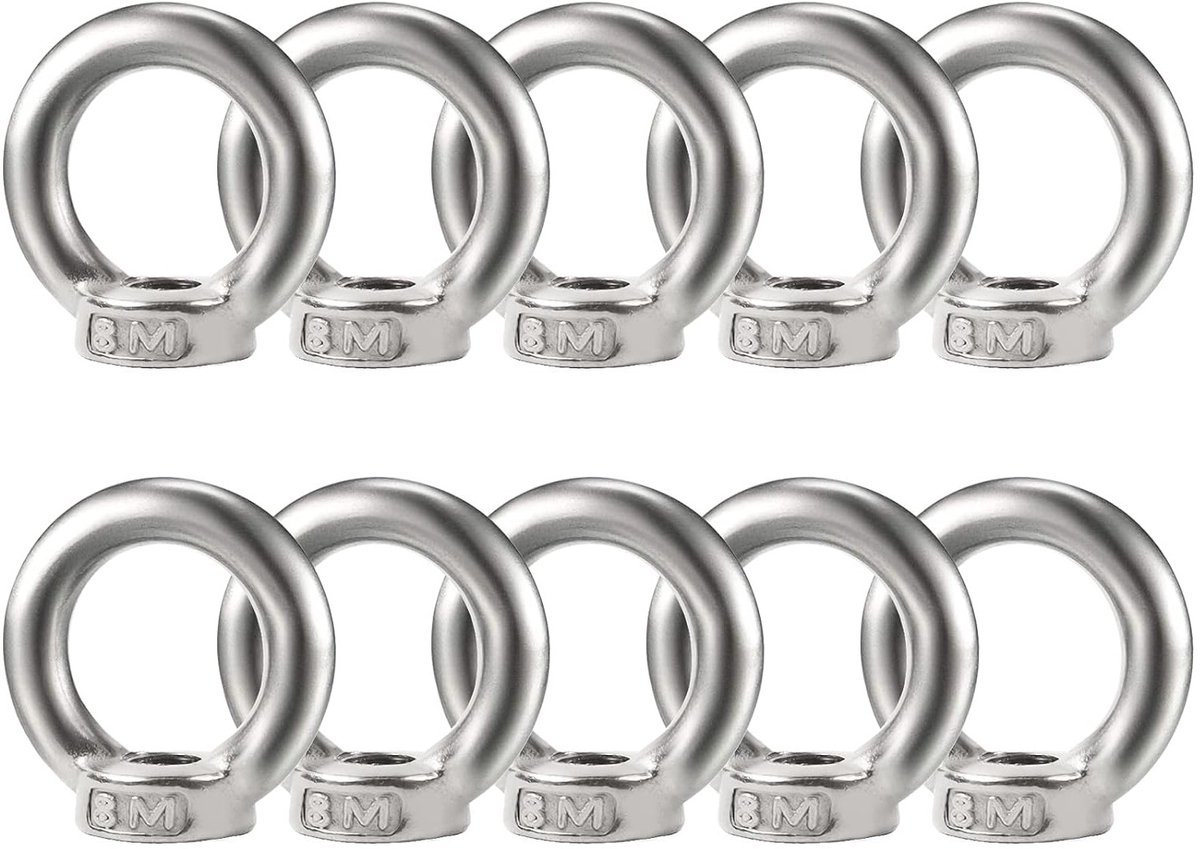10 Stuks Ringmoeren en Oogmoeren M8 van 304 Roestvrij Staal voor Hefaccessoires en Bevestigingselementen