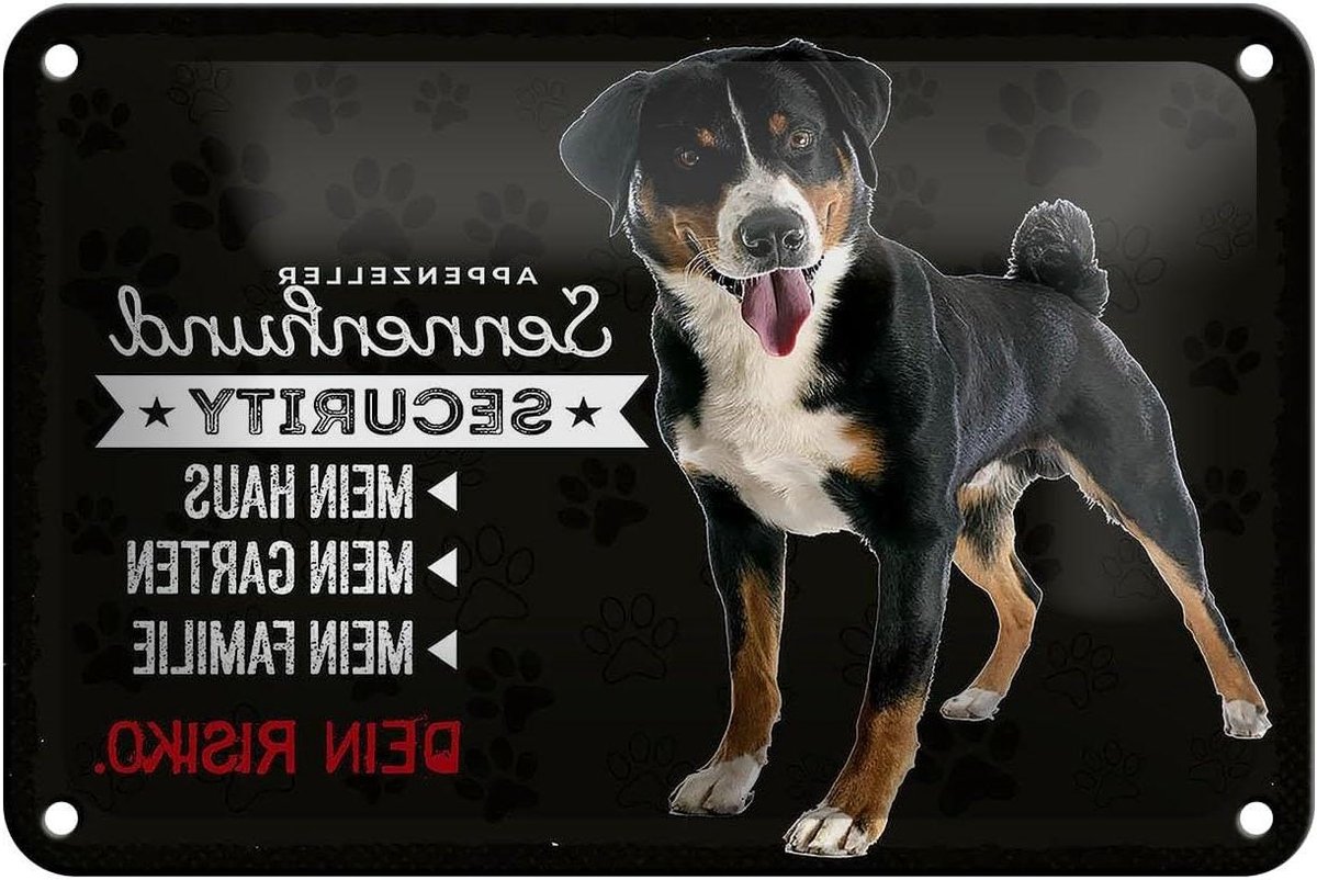 Metalen Bord - Decoratie Plaat - Huis Beveiligen - Appenzeller Sennenhond Design - 18 x 12 cm - Meerkleurig