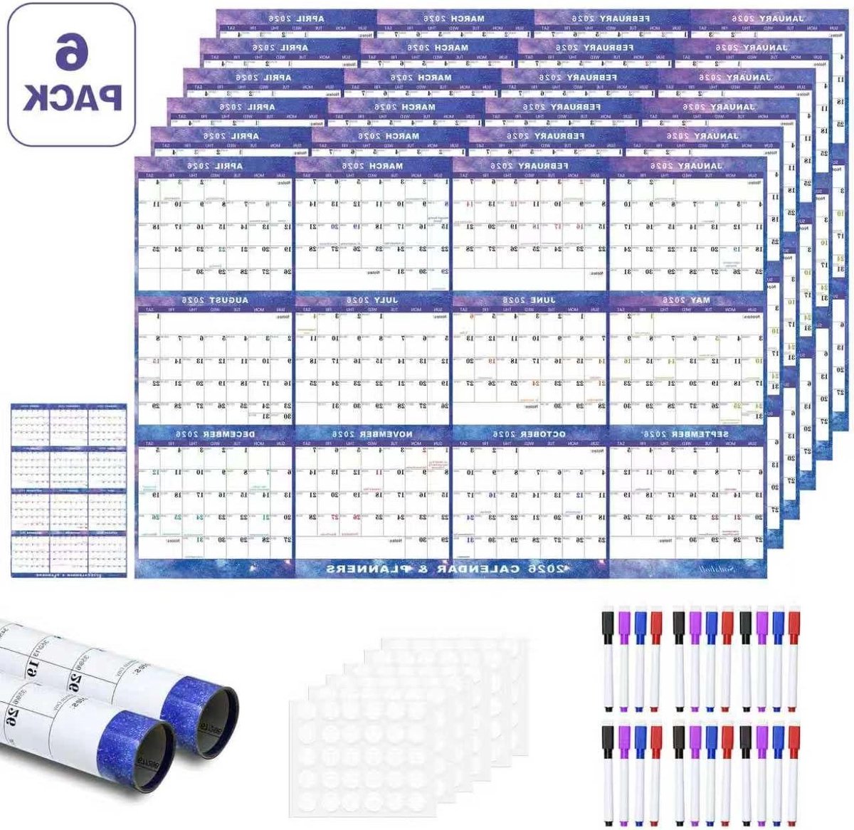 Wandkalender 2026 - Jaarplanner - Planning maken - Dubbelzijdig uitwisbaar - 6 stuks 81x122 cm - Sterrenhemel