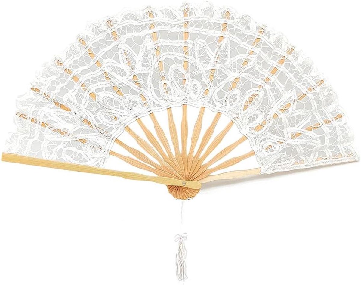 Bruiloft Waaier - Decoratieve Waaier - Feestelijke Accessoire - Luxe Kant en Zijde - XL Formaat - Wit