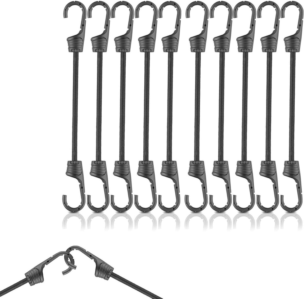 Rubberen spanners set - Spanrubbers met haken - Bagage vastzetten - Roestvrije haken - 10 stuks 30 cm - Zwart