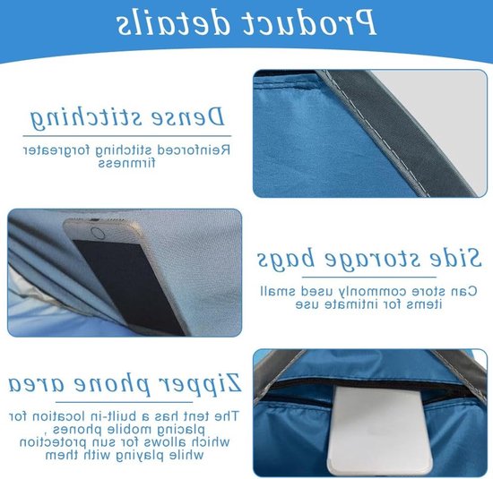 Mini Strandtent - Pop-up Tent Hondentent - Zonwering Buiten - Draagbare Hoofdsteun - 80 x 65 x 55 cm - Blauw van Merkloos — afbeelding 2