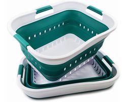 SAMMART Inklapbare 3 handled plastic wasmand, opvouwbare pop-up voorraadbak/organizer, draagbare wasbak, ruimtebesparende mand, wit/donkergroen, 30 liter