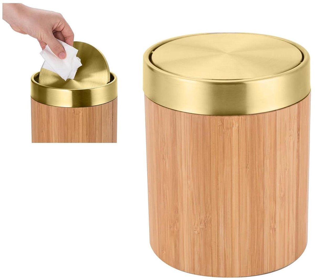 Prullenbak - Afvalbak Vuilnisbak - Keuken Organiseren - Natuurlijk Bamboe Vat - 13 Liter - Goud