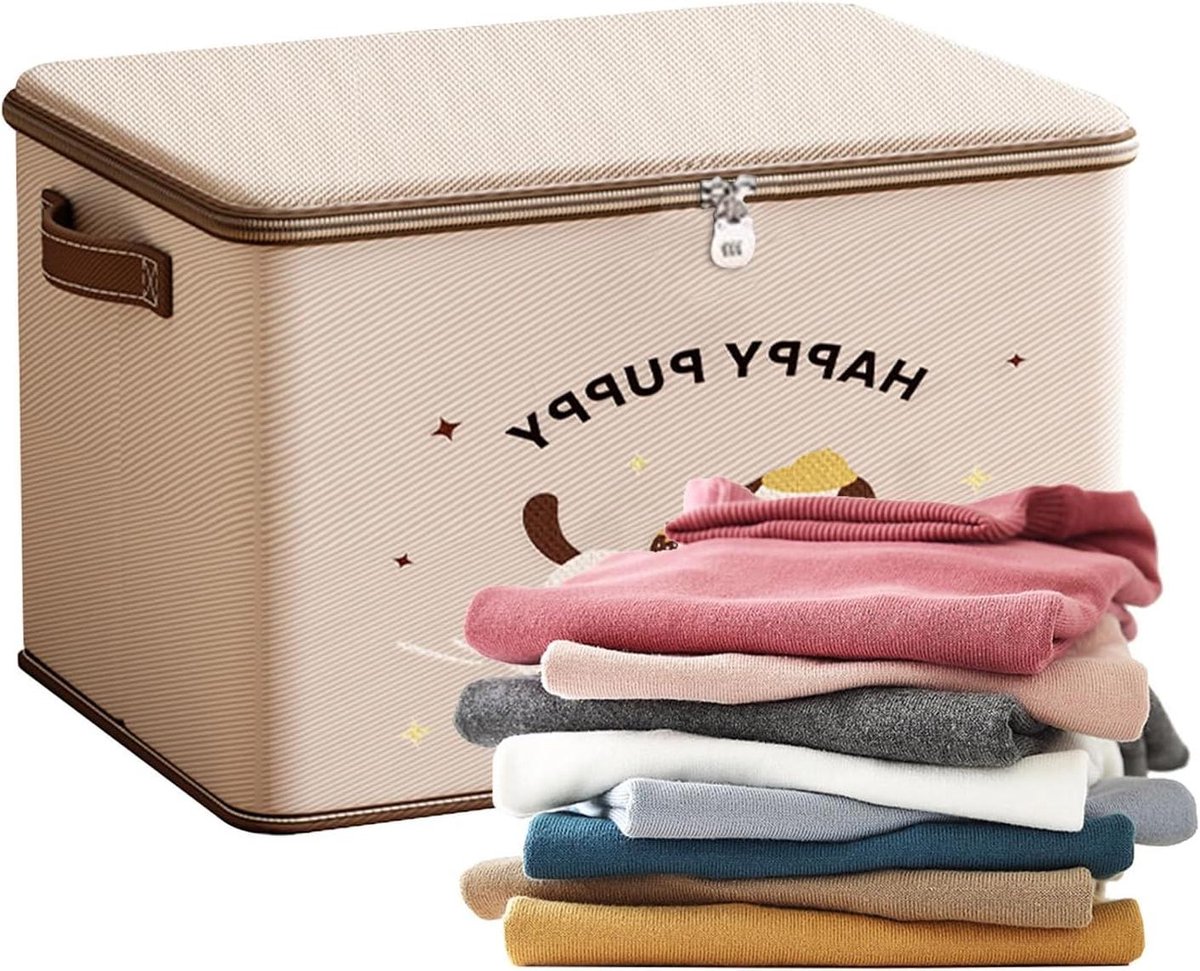 Afsluitbare opbergbox - Stapelbare doos - Veilige opslag - Puppymotief - 45x30x30cm - Beige
