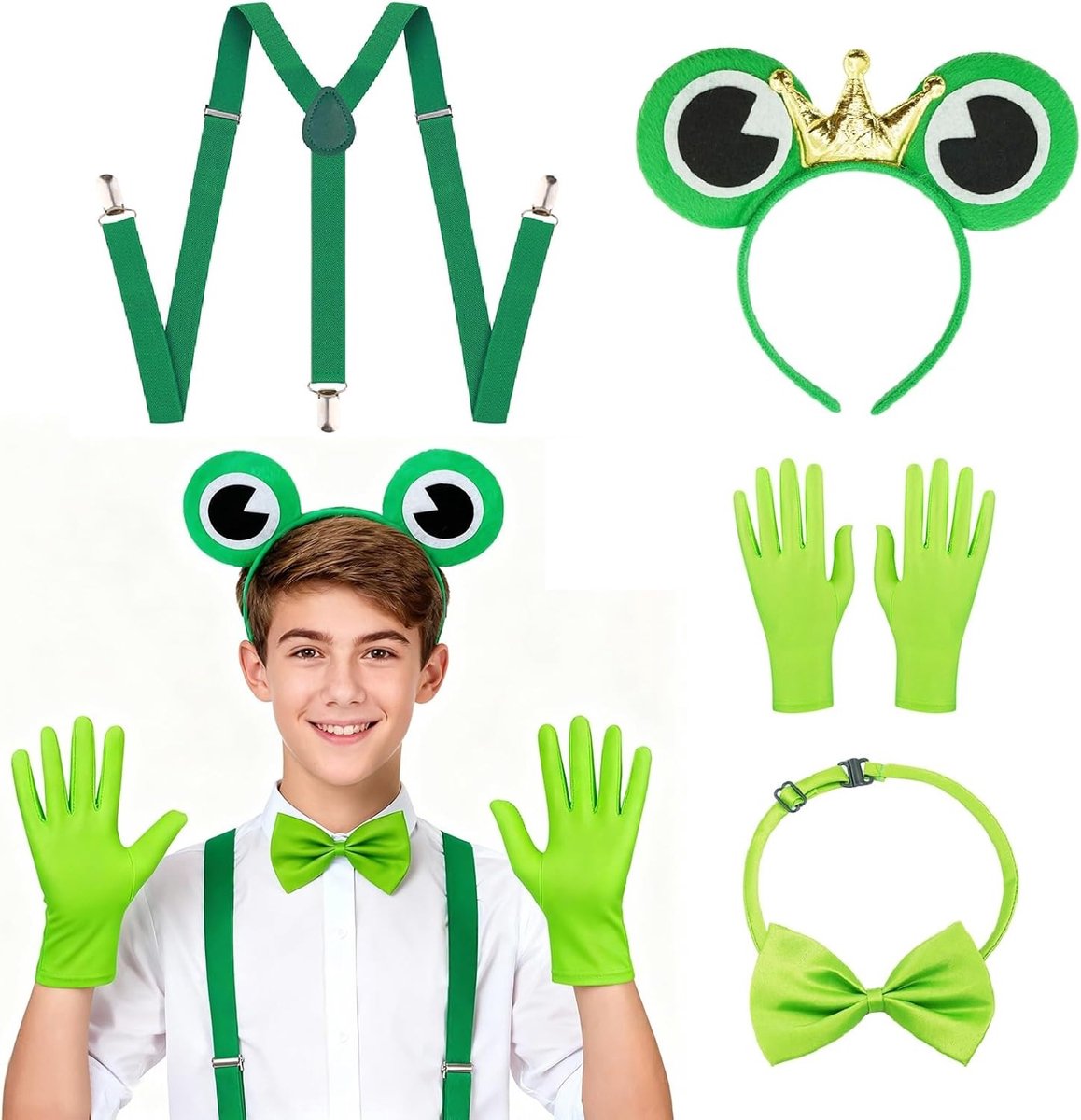 Carnaval kostuum voor volwassenen en kinderen met kikker hoofdband, vlinderdas, handschoenen en bretels voor themafeesten