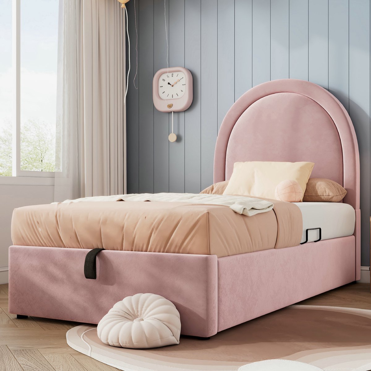 VVBV Kinderbed 90x200 – Voor Jongens en Meisjes – met Opbergruimte, Lattenbodem, Glijbaan – Voor Meisjes – Voor Jongens – Fluweel – Roze – Zonder Matras