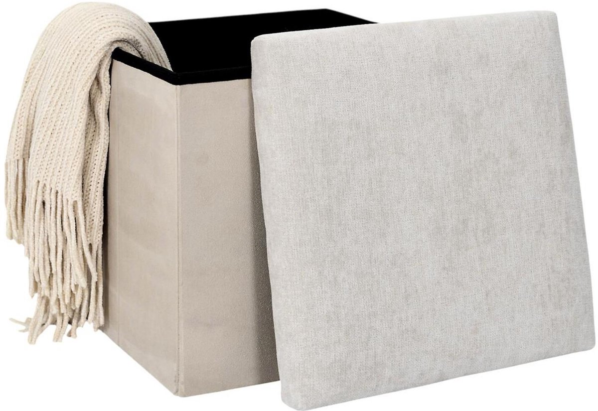 HOME DECO FACTORY Home deco Poef/hocker Emilia - beige - opvouwbaar - 38 x 38 cm - polyester/mdf - opbergbox