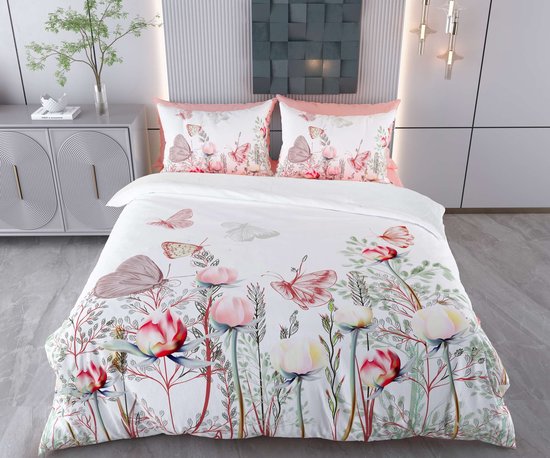 Asir - Eenpersoons dekbedovertrekset (DE) - Wit, oudroze, rood, groen - 70% katoen / 30% polyester - 30 x 30 x 5 cm