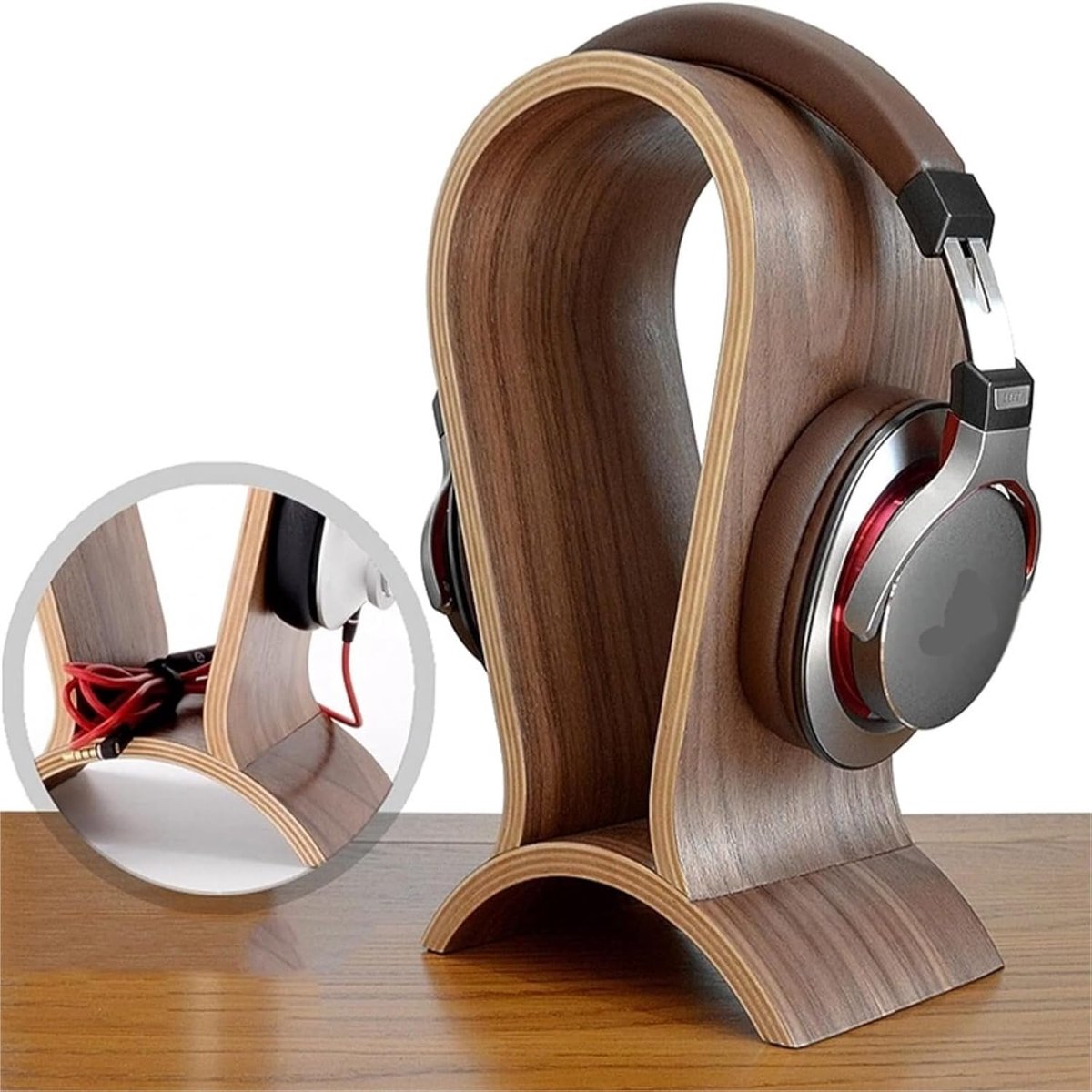Hoofdtelefoon Houder - Oordopjes Display - Bureau Organisatie - Massief Hout - 25.5cm Hoog - Houtkleur — cadeau in Gadgets - foto 5