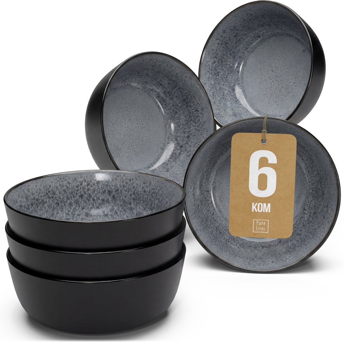 Pure Living Set Van 6 Kommen - 700ml - Grijs - Aardewerk - Vaatwasserbestendig - Magnetronbestendig - Ibiza Dark