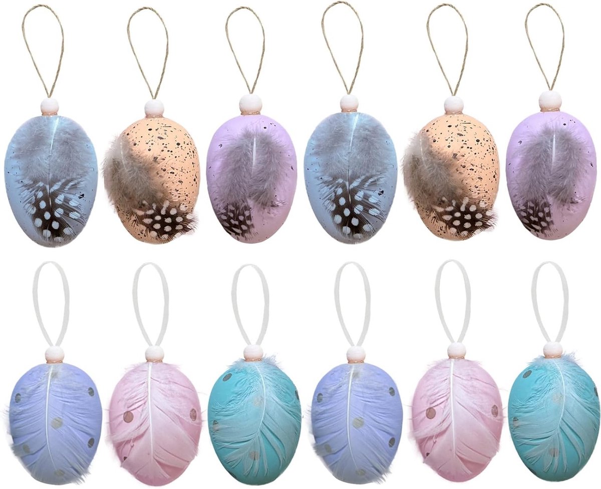 12 Stuks Paaseieren met Veertjes voor Ophangen, Natuurlijke Paasdecoratie en Lenteversiering, 4 x 6 cm Grote Paaseieren in Aantrekkelijke Look