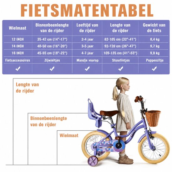 Vankel Kinderfiets 14 Inch - Met Steunwielen - Terugtraprem en Velgrem - Sterk Stalen Frame - Volledig Gesloten Kettingkast - Afneembare Fietsmand - Verstelbaar Zadel - Antislip Banden - Geschikt voor 2-4 Jaar - Duurzame Kinderfiets– Paars van VANKEL — afbeelding 4