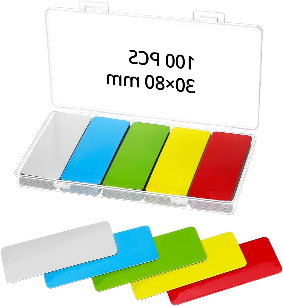 Set van 100 herbruikbare magnetische labels 80x30mm voor whiteboards en koelkasten - 5 kleuren, ideaal voor organisatie en labeling