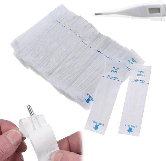 Digitale thermometer met stapel individueel verpakte beschermhoesjes en een thermometer die in een hoesje wordt gestoken.