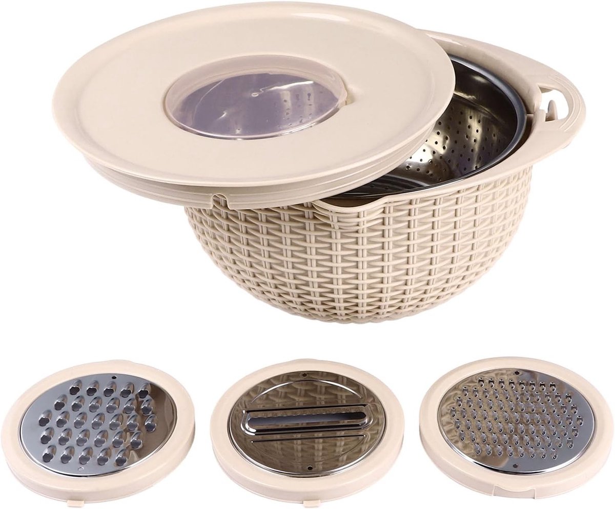 4-in-1 Colander Set met Mengkom, Voedselzeef, Snijgereedschap en Draaistrainer voor Fruit en Groenten, Ideaal voor Thuisgebruik
