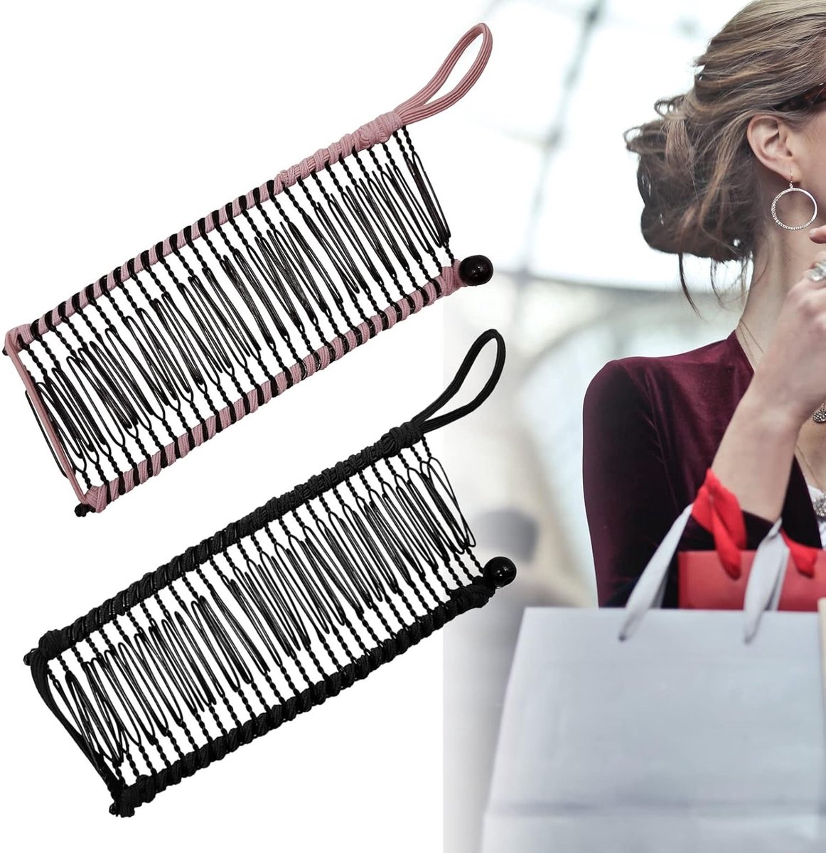 Vintage Non-Slip 30 Tanden Bananenharenclips - Stretch Haaraccessoires voor Dikker, Golvend en Krullend Haar (Zwart & Roze)