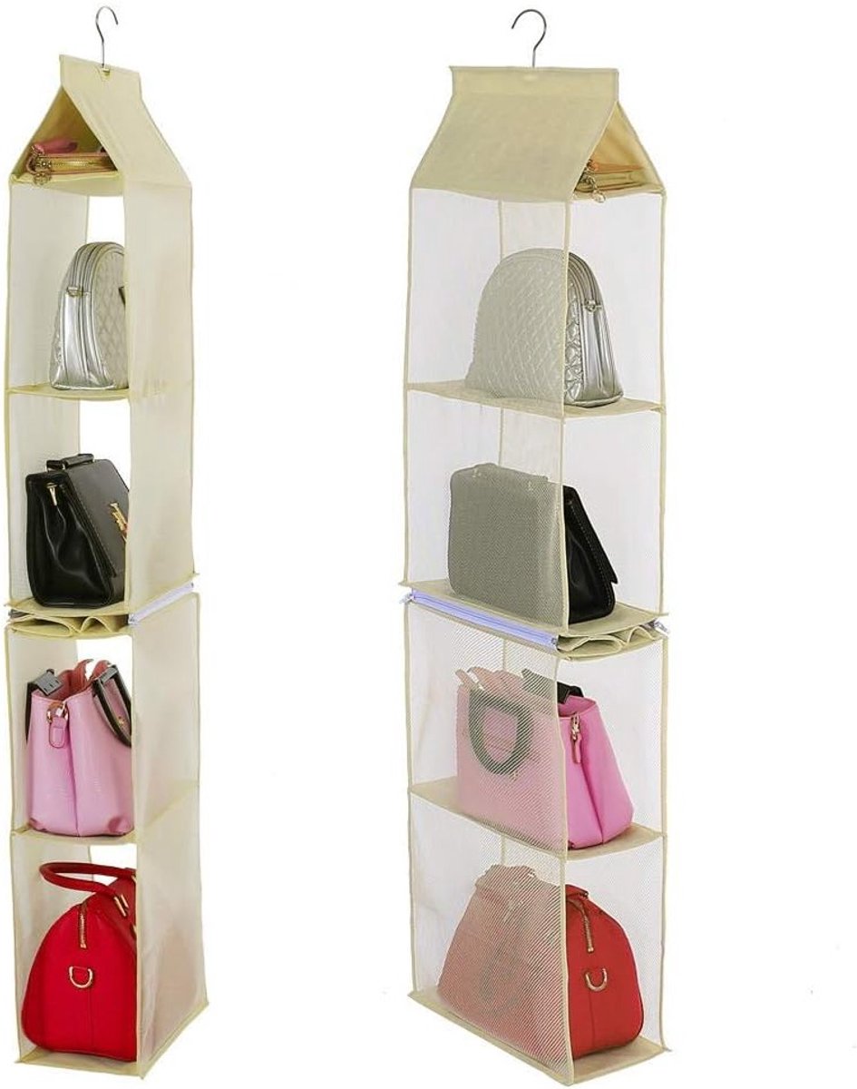 Handtas Opbergkast met 4 Vakjes - Hangende Organizer voor Woonkamer en Slaapkamer, Beige Kleur
