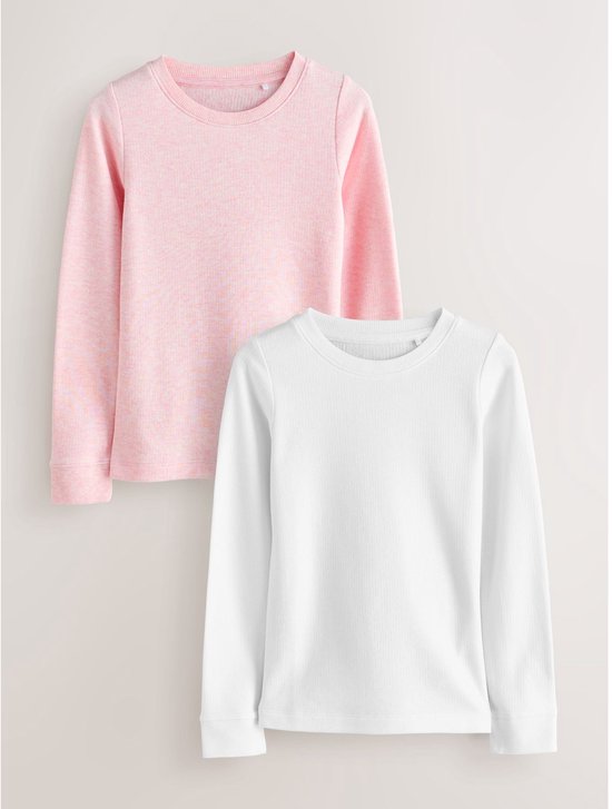 Roze en witte longsleeve shirts met ronde hals en geribde manchetten.