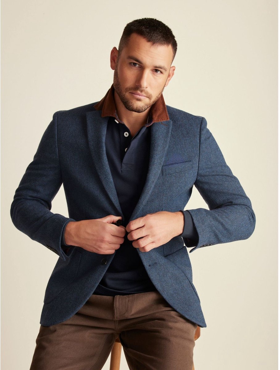 Next - Heren - Slim Fit - Blazer met visgraatmotief en hoog wolgehalte - Blauw
