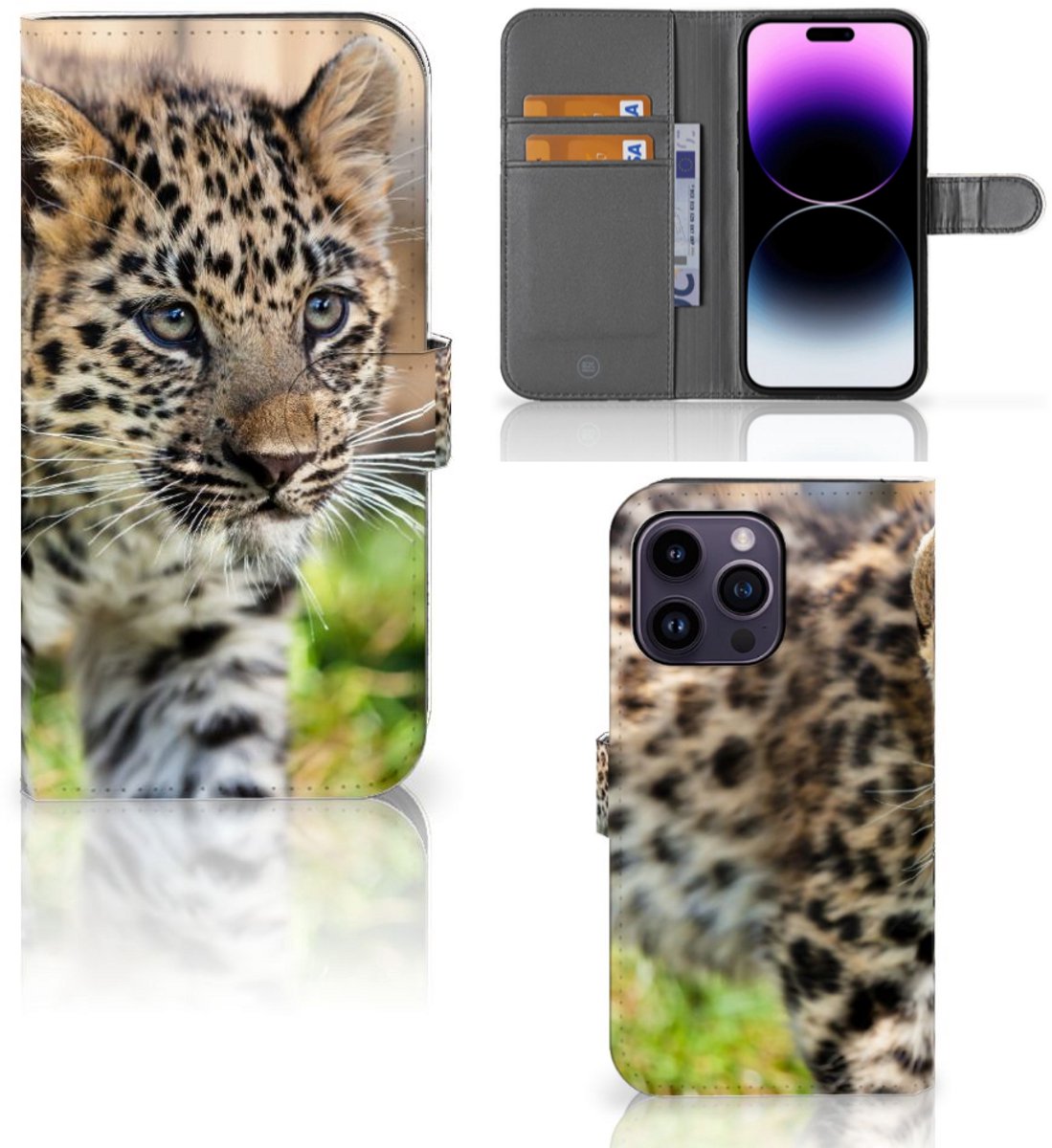 Boekhoesje voor iPhone 15 Pro Max Telefoonhoesje met Pasjes Baby Luipaard