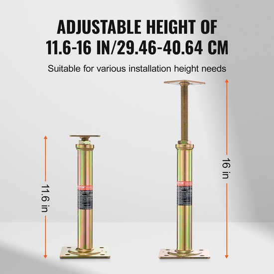 Gegalvaniseerde steunpoten met verstelbare hoogte van 29,46-40,64 cm, met een vierkante basis en schroefmechanisme.