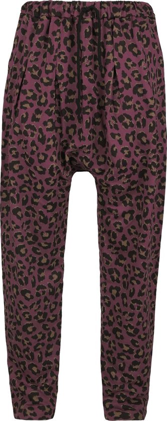 Pantalon bordeaux à imprimé léopard, coupe ample, ceinture élastique.