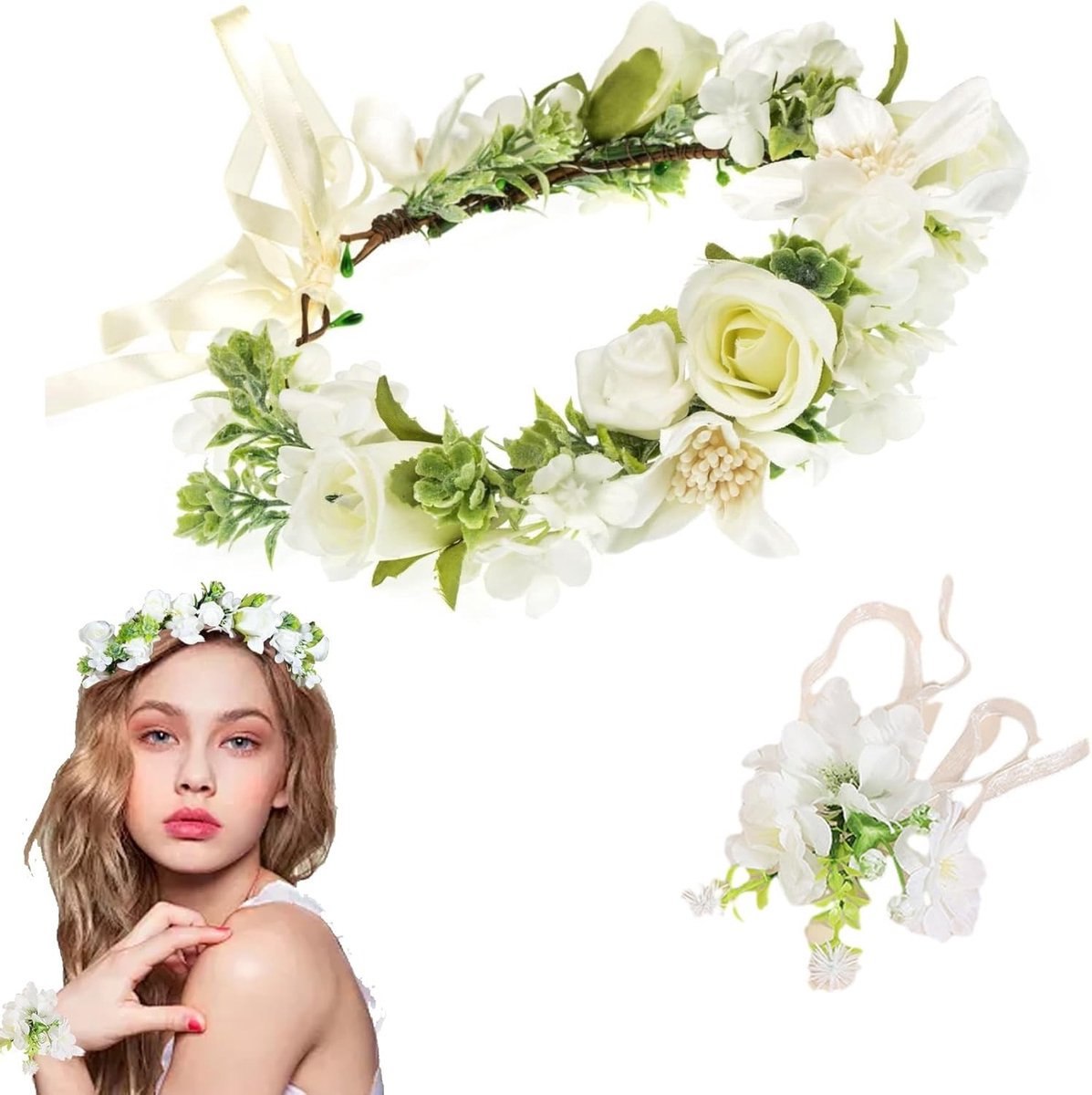 Verstelbare Hoofdband met Kunstrozen voor Meisjes - Bohemian Stijl Communie Kroon en Armband voor Feestjes en Festivals