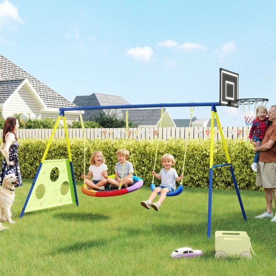 4-in-1 schommelset-schommelframe met schommel, glijbaan, basketbalringen voetbaldoel-schommelframe met, tuinschommel met metalen frame voor buiten-Draagvermogen 150 kg - Cadeaus voor Kinderdag