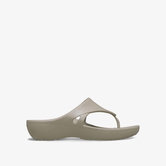 Beige Crocs Kadee Wedge dames teenslipper, schuin zijaanzicht.
