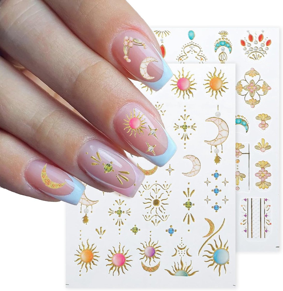 Set van 2 3D Nagelstickers met Maan en Ster Ontwerp, Bohemian Stijl, Perfect voor Professionele Nagelontwerpen Thuis