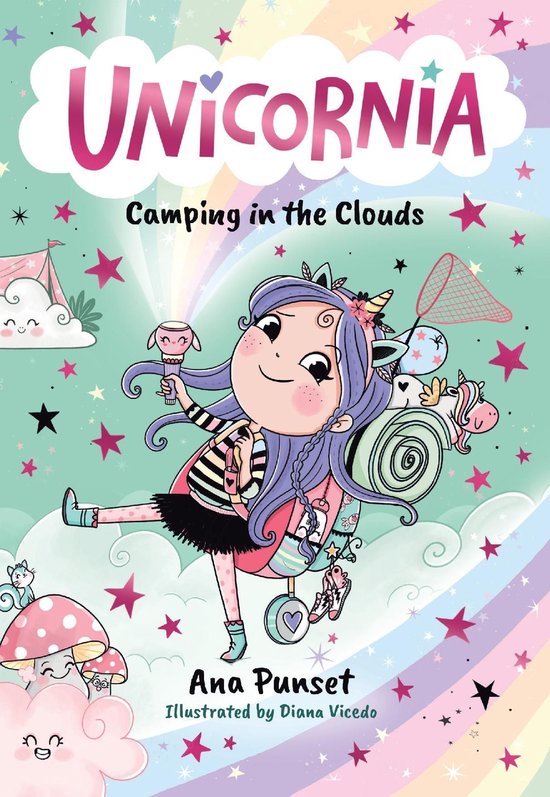 Boek "Unicornia: Camping in the Clouds" met een meisje met paars haar op een scooter, met een eenhoorn met vleugels achterop, en een vlindernet.