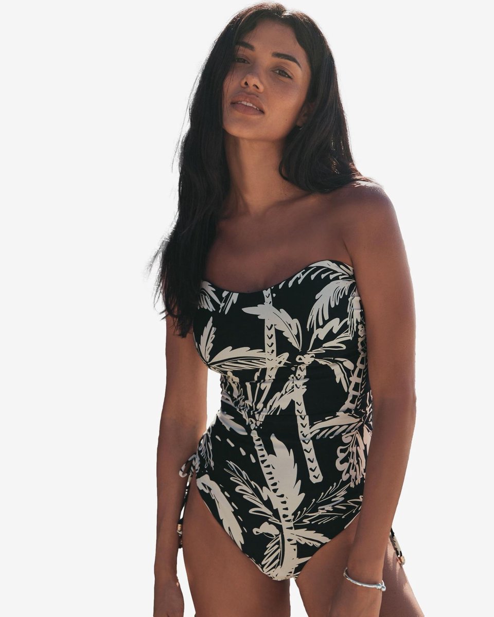 Next Dames - DD+ bandeaubadpak met beugel en buikcorrigerend - Zwart Black/Cream Palm