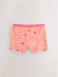 Oranje boxershorts met een all-over patroon van diverse fruitjes, regenbogen en gezichtjes, met een roze boord.