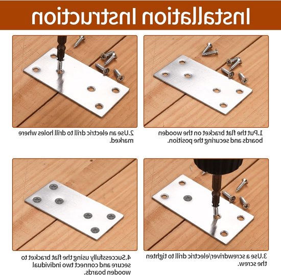 Set van 10 platte rechte reparatieplaten van roestvrij staal voor meubelondersteuning en verbindingselementen - 80 x 40 mm — afbeelding 3