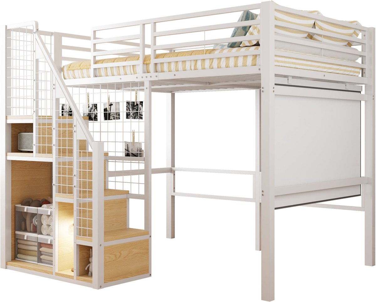 Merax 140x200 Hoogslaper met Trap en Opbergruimte - Metalen Frame - Kinderbed - Wit