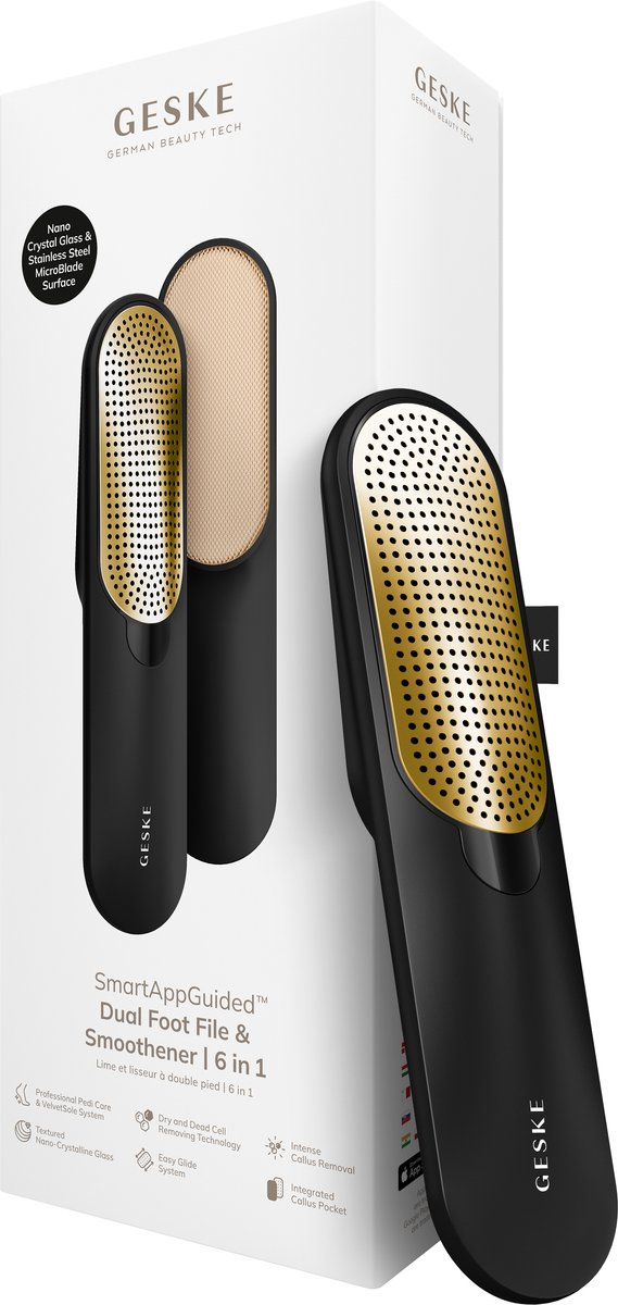 GESKE Dual Foot & Smoothener | 6 in 1 | Dubbelzijdige Voetvijl | Nano-Kristallijnglas & Roestvrij Staal | Voor Zachte, Gladde Voeten | Geavanceerde Eeltverwijdering & Exfoliatie