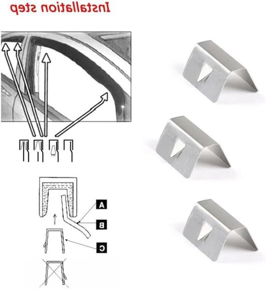 Montage-instructies voor auto-windgeleiders met zilverkleurige klemmen.