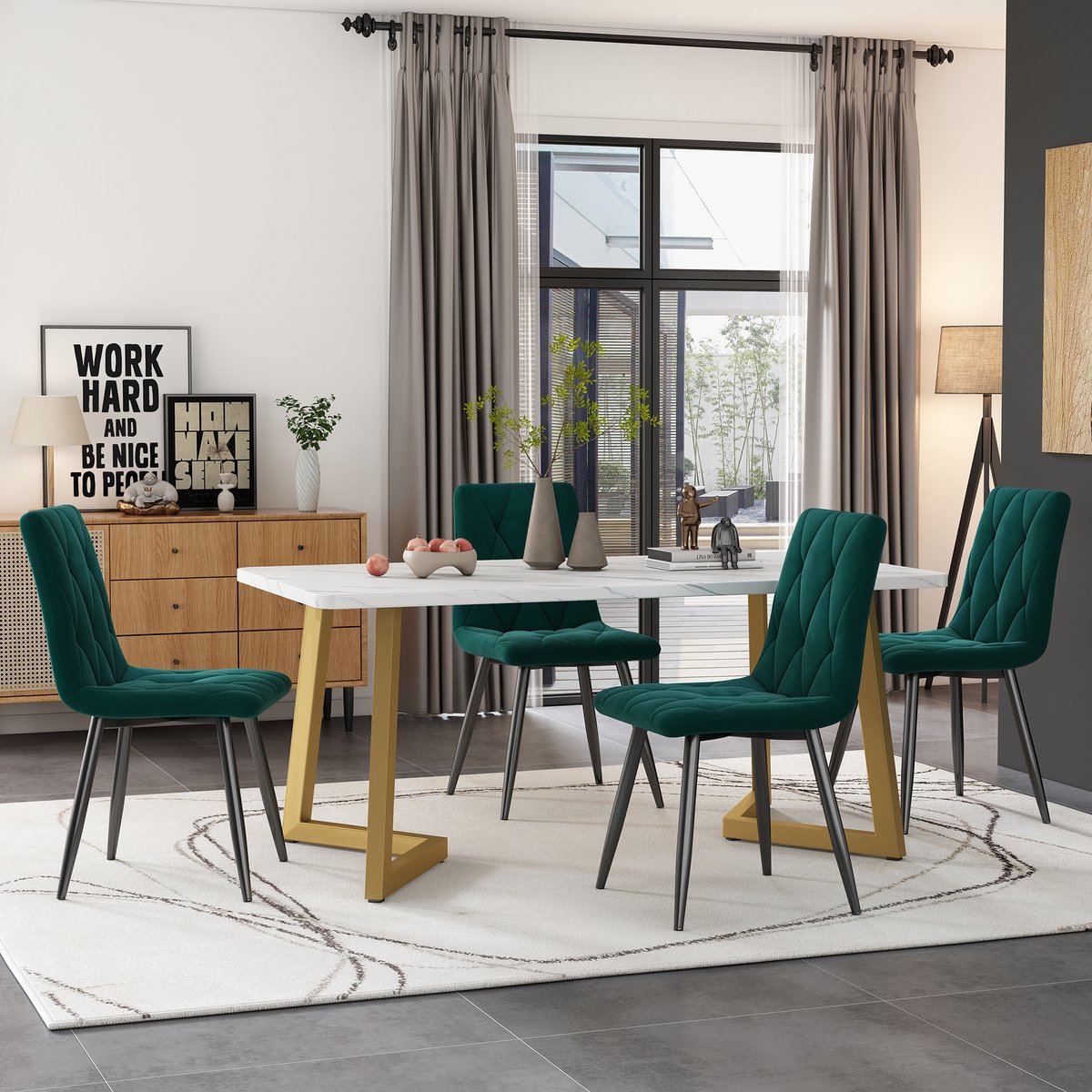 FloraGrace Eethoek 117 x 68 cm - Set Met 4 Fluwelen Eetkamerstoelen - Rechthoekige Keukentafel - MDF - Groen