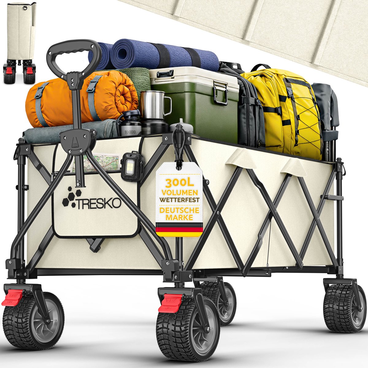 TRESKO® Bolderwagen opvouwbaar 300L met rem | Handwagen inklapbaar 150kg incl. massief rubberen banden | Opvouwbare strandwagen extra brede all-terrain wielen | Transportwagen met draagtas