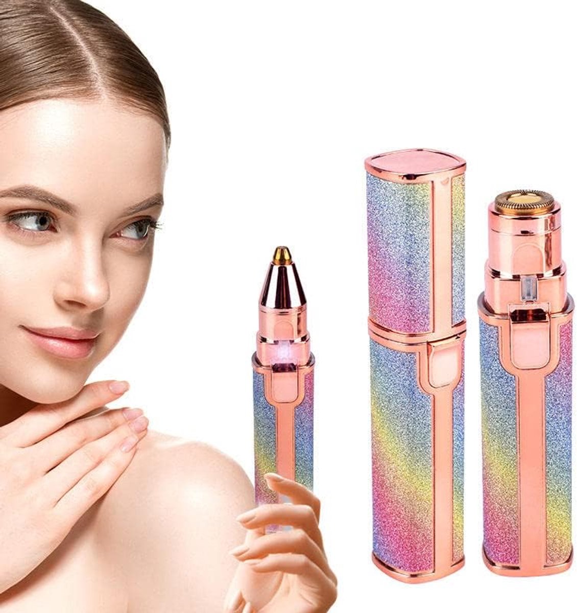 Oplaadbare Elektrische Wenkbrauw- en Gezichtstrimmer, Pijnloze Ontharing in Luxe Regenboog-Glitter Design, USB Oplaadbaar