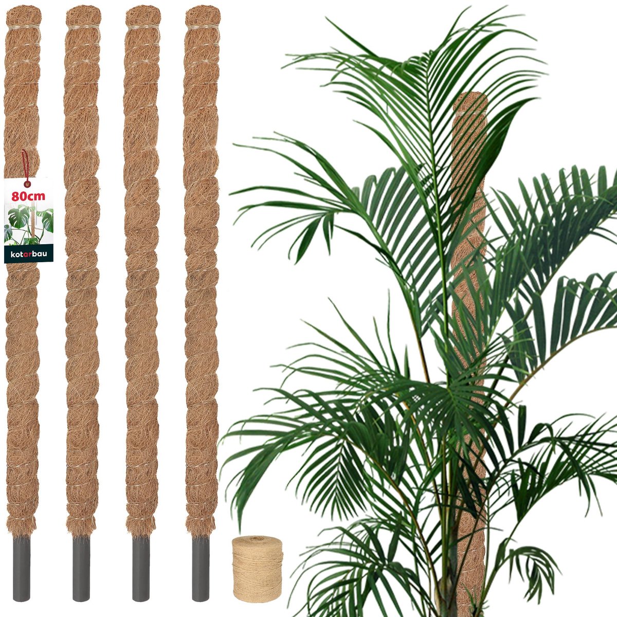 KOTARBAU® 4 st Kokosstok, Plantenstok, ⌀ 2,5 x 80 cm, Kokosstaaf, Klimhulp Monstera, Bruin, Kokosvezel, Klimhulp, Plantenstaaf, Kokosstok voor Monstera, Kokosstaaf voor Klimplanten
