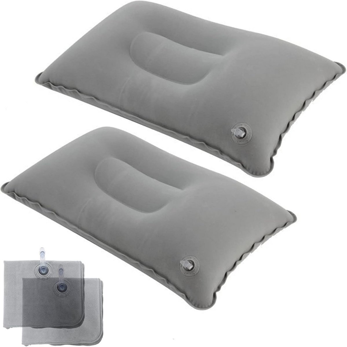 2 Pack Ultralichte Opblaasbare Kussens - Vierkant met Geplukte Stof voor Wandelen, Kamperen, Reizen en Neus- en Onderrugsteun - Grijs